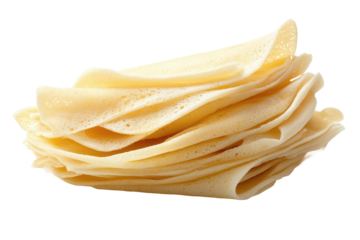 A stack of thin pancakes or crepes isolated on a white background showcasing their delicate texture and layering