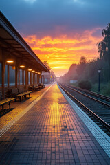 Fototapeta premium Empty train station platform at sunrise with fog and orange sky