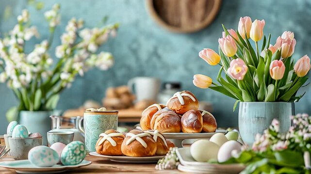 Easter brunch with hot muffins, pastel-colored eggs and fresh tulips, rustic