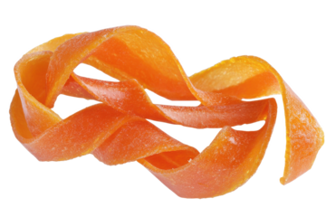A single carrot peel curled and looped against a white background showing the vibrant orange color of the vegetable