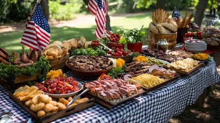 Outdoor Labor Day picnic with decorations and a variety of foods