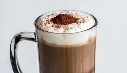 Obraz premium Foamy Cappuccino with Whipped Milk and Cocoa Powder in a Double Glass Mug Isolated on White Background