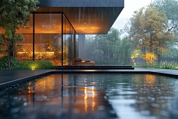 A modern house with a pool in a heavy rain