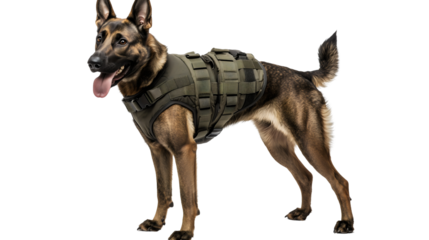 A professional Belgian Malinois police dog wearing a bulletproof vest, trained for K9 law enforcement operations, known for intelligence and agility.