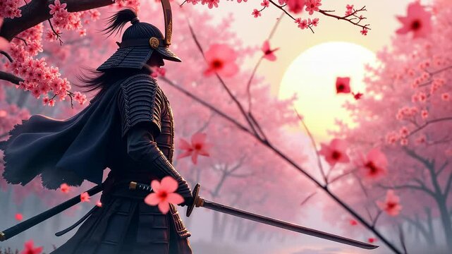 Samurai Under Cherry Blossoms: A Digital Painting