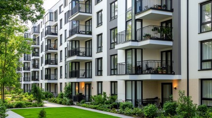 Modern Sustainable Apartment Building with Panoramic Windows and Private Balconies, Featuring Energy-Efficient Design and Urban Tranquility, Ideal for Real Estate and Architecture.