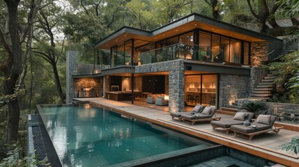 Minimalistic villa with natural pool, outdoor kitchen, and wall mounted fireplace in a serene landscape