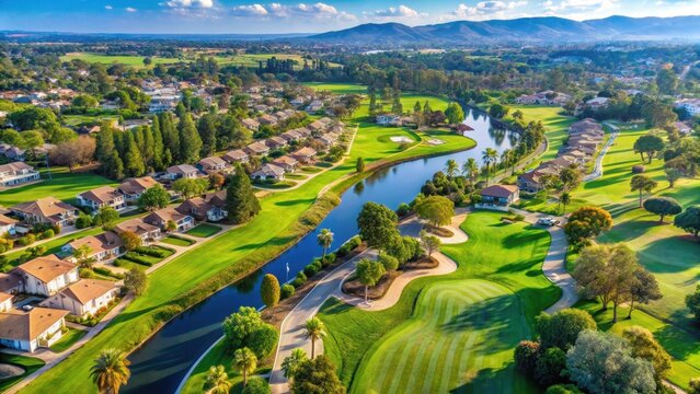 Aerial view of houses with lush greenery and trees surrounding a well-manicured golf course in a serene Eastlake Chula Vista landscape, chula vista, country club