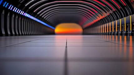 A futuristic long corridor with brightly colored interior lighting