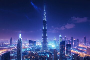 Obraz premium A tall illuminated skyscraper amidst a vibrant cityscape at night