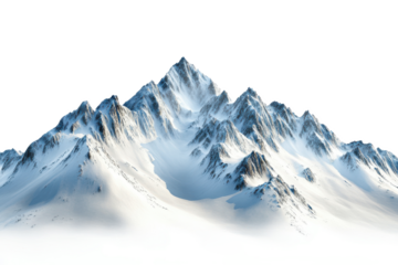 A snowy mountain peak isolated against a white background showing rugged terrain and icy conditions