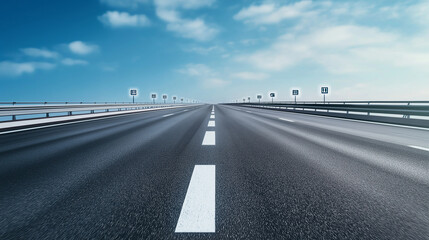 Fototapeta premium A futuristic highway with digital milestone markers projecting key achievements, guiding the path towards success, as the road vanishes into a bright, optimistic skyline.