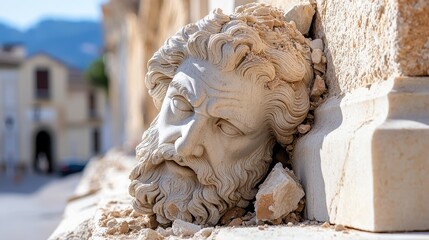 Naklejka premium Earthquake and tremor concept. Ancient stone sculpture of a man's face partially embedded in a wall, showcasing intricate details and textures.