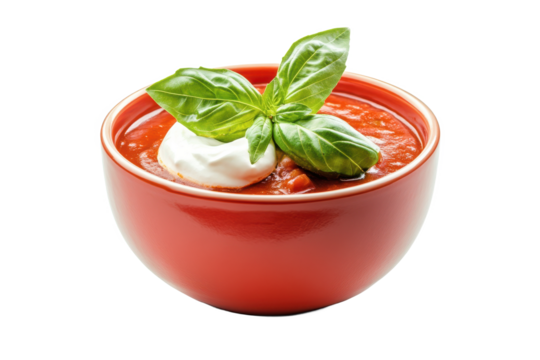 A vibrant red bowl filled with tomato soup topped with fresh basil and a dollop of creamy white cheese