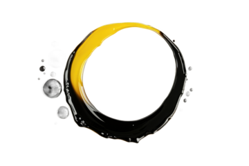 Abstract circle design with yellow and black paint creating a modern artistic visual element on white background