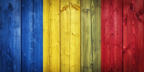 Chad's flag colors painted on wooden planks; vertical stripes, African aesthetics, detailed wood grain. Architectural image.