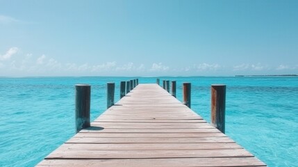 Fototapeta premium Serene Wooden Dock Leading to Crystal Clear Blue Ocean Waters