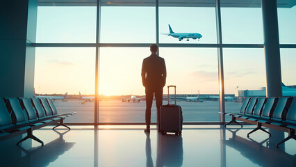 Man with luggage Standing looking at a plane taking off from an airport terminal window at sunset .Travel Concept Insurance. sunshine lens flare. Generative Ai