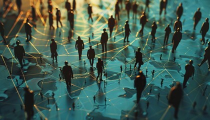 Global business network visualization featuring silhouettes on a world map in 3d photography style