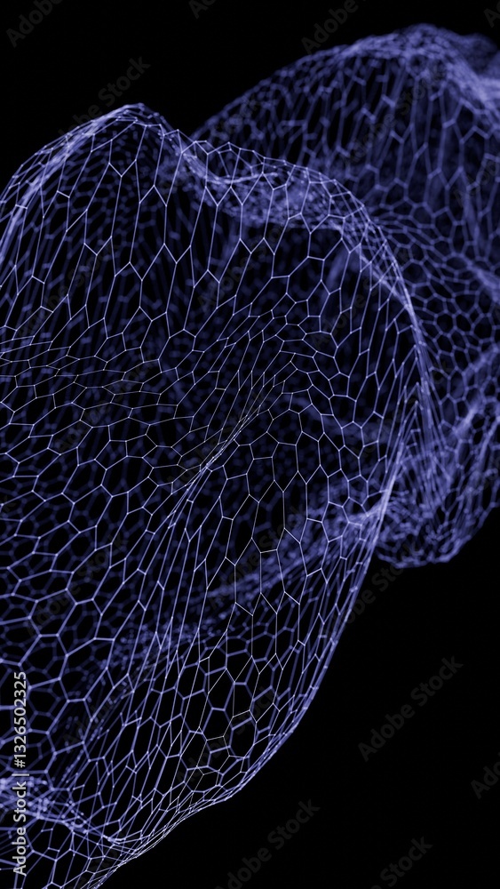 Aufkleber flowing hexagonal mesh with subtle colored nodes forming a wave-like structure on a black background
