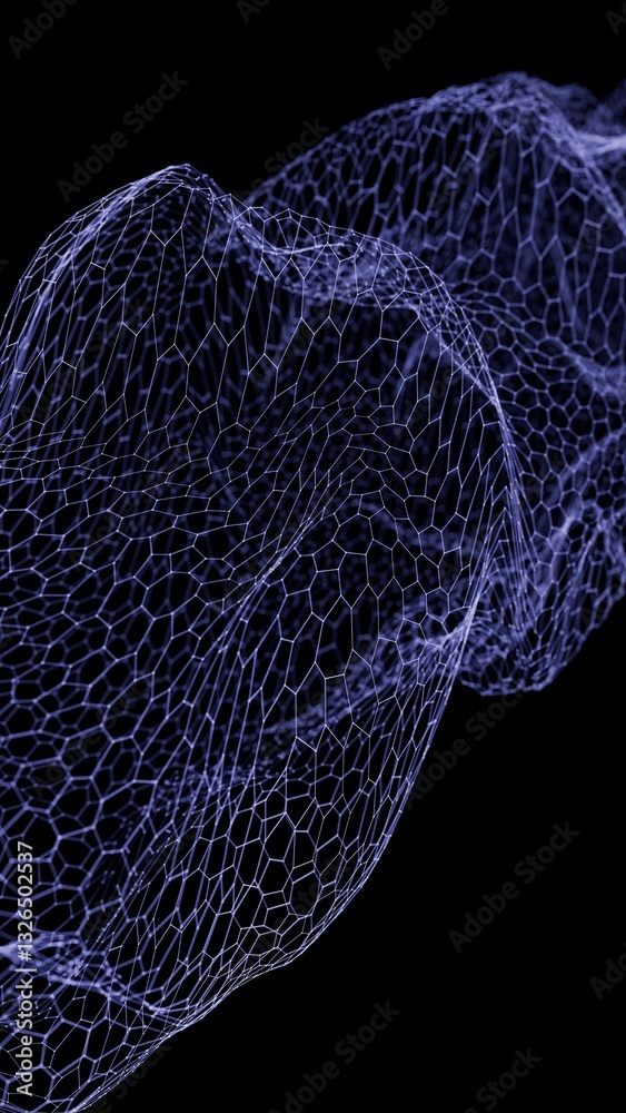 Poster Flowing hexagonal mesh with subtle colored nodes forming a wave-like structure on a black background, creating a futuristic and minimalistic design.