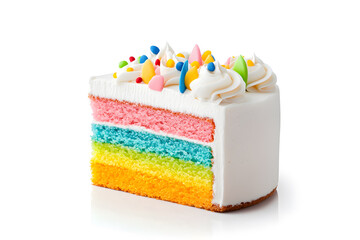 Delicious slice of rainbow layer cake isolated on white background