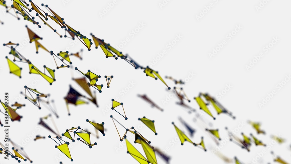 Poster Floating polygonal structures in yellow and black lines on a white background, forming a dynamic network of connected shapes with a minimalistic, modern aesthetic........