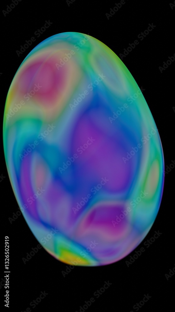 Poster Colorful iridescent bubble with swirling rainbow hues and a soft fluid shape, floating against a black background, creating a dreamy abstract design........
