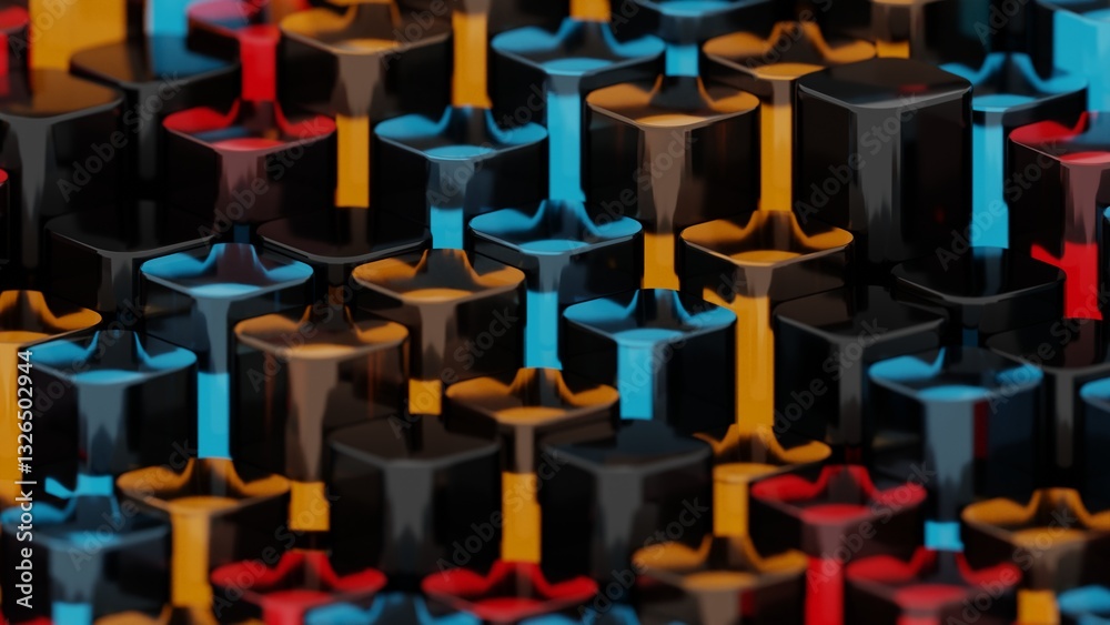 Poster colorful 3d columns in black, red, blue, and yellow, arranged in a glossy, repeating pattern, creati