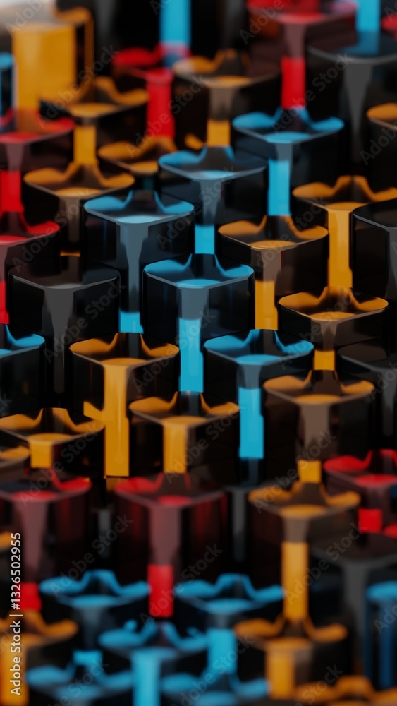 Aufkleber Colorful 3D columns in black, red, blue, and yellow, arranged in a glossy, repeating pattern, creating a vibrant abstract design with bold reflections........