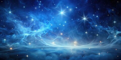 Fototapeta premium Deep blue swirling misty atmosphere with scattered silver stars and a few wispy clouds, eerie ambiance, mystical atmosphere