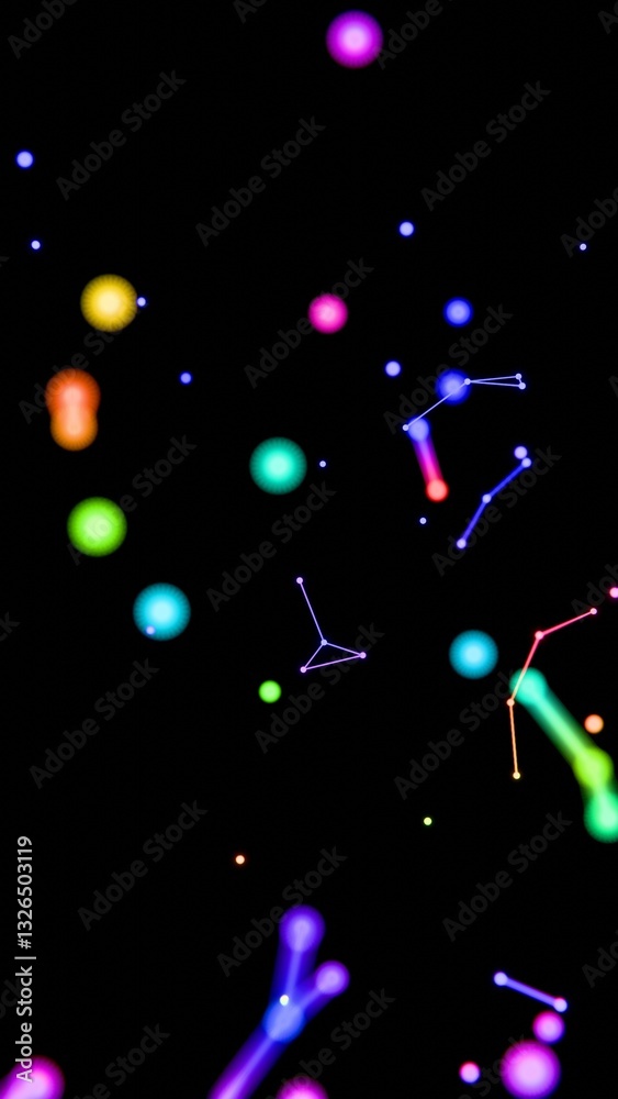 Aufkleber neon-colored dots, lines, and shapes floating across a black background, forming a vibrant, futurist