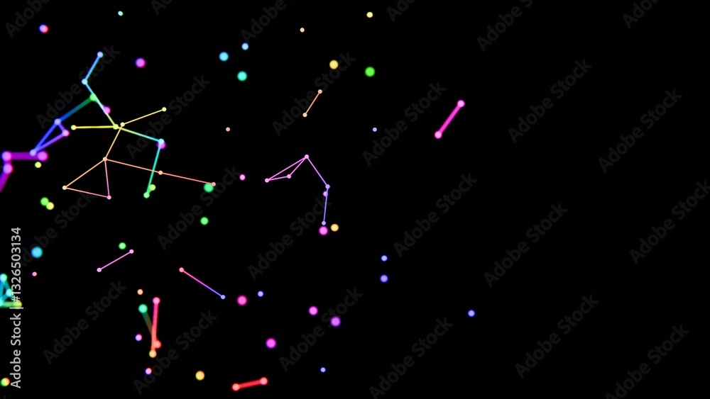 Aufkleber Neon-colored dots, lines, and shapes floating across a black background, forming a vibrant, futuristic scene with hints of cosmic geometry and minimalistic design........