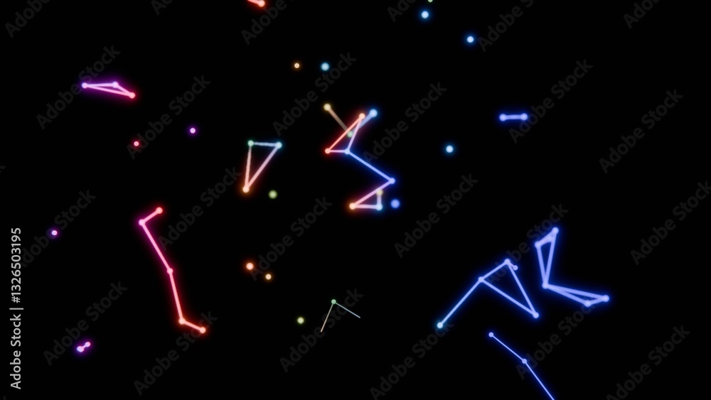 Aufkleber neon-colored dots, lines, and shapes floating across a black background, forming a vibrant, futurist