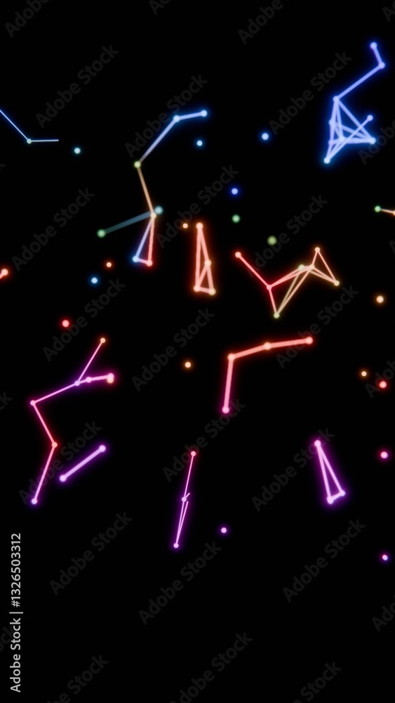 Aufkleber neon-colored dots, lines, and shapes floating across a black background, forming a vibrant, futurist