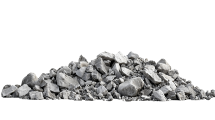 A neatly arranged pile of crushed gravel, consisting of irregularly shaped gray stones of various sizes, used in concrete mixing and road construction.