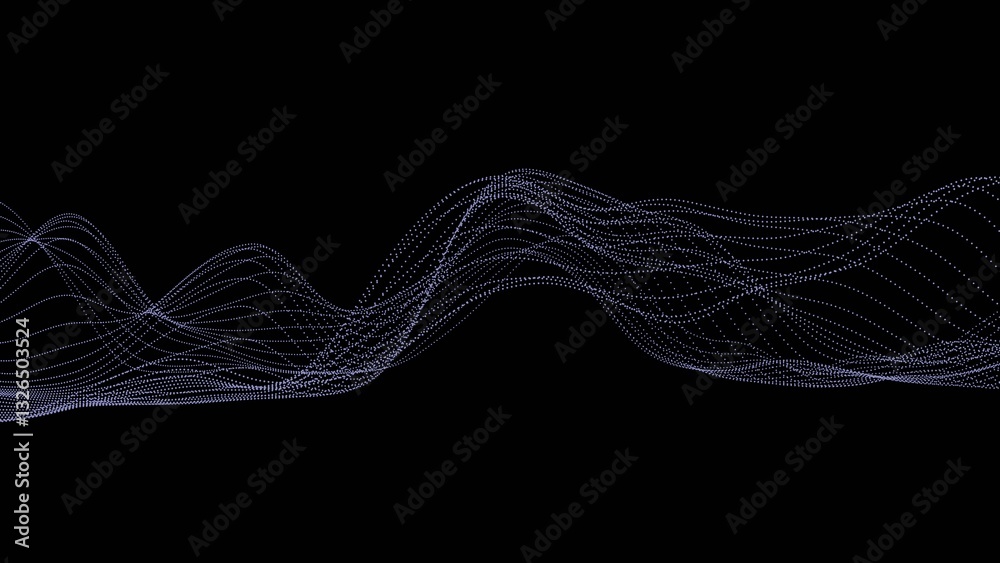 Aufkleber Glowing dotted lines form a smooth, flowing wave on a black background, creating a modern, minimalistic, and dynamic abstract design........