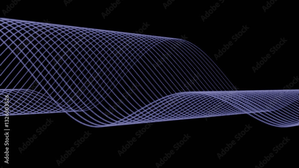Poster Glowing dotted lines form a smooth, flowing wave on a black background, creating a modern, minimalistic, and dynamic abstract design........