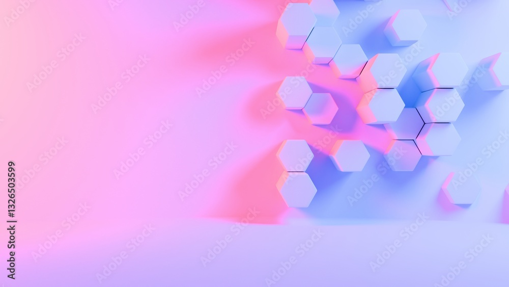 Poster Hexagonal 3D blocks in pastel pink and blue, arranged on a minimal background, forming a modern abstract composition with soft lighting and a clean design........