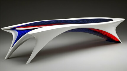 Abstract furniture design with a white frame and bold blue and red accents