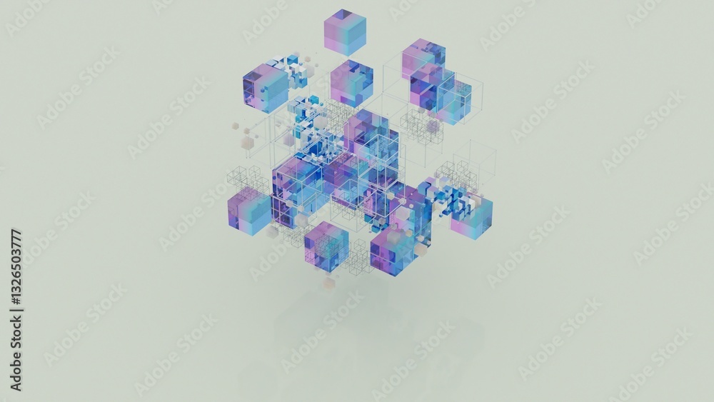 Poster floating translucent cubes in pastel purple and pink forming a complex geometric structure on a soft