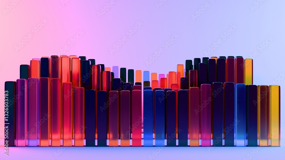 Poster 3d bars in pink, orange, and black arranged in a minimal, modern composition against a soft pastel g