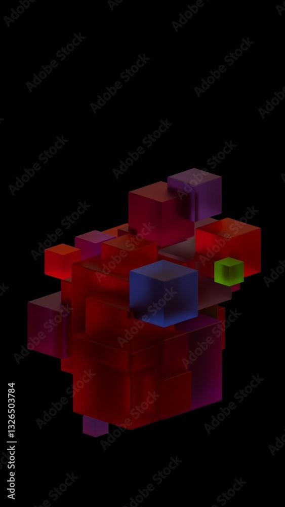 Leinwandbilder Dark geometric composition of stacked translucent cubes with subtle neon hues, creating a moody and futuristic design with depth and color layering........