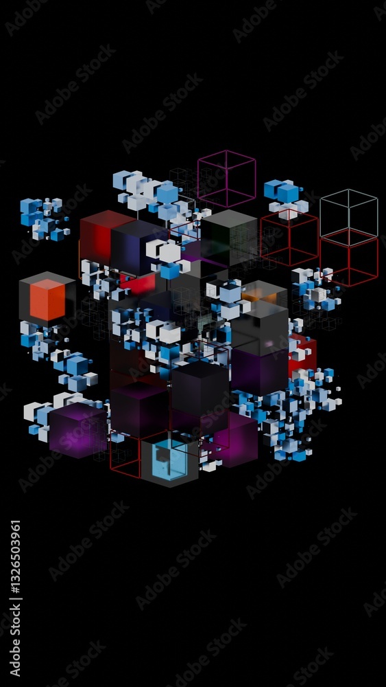 Poster complex arrangement of black, wireframe, and colored cubes forming a floating 3d structure on a blac