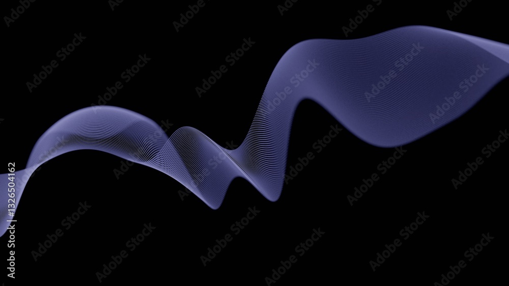Poster Flowing dotted lines forming twisting wave patterns on a black background, creating a dynamic, futuristic, and minimal abstract design........