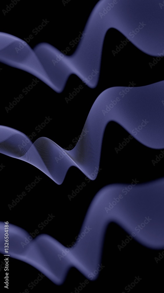 Fototapete Flowing dotted lines forming twisting wave patterns on a black background, creating a dynamic, futuristic, and minimal abstract design........