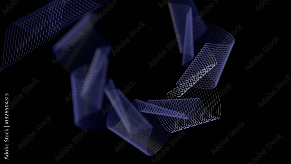 Poster Glowing swirling lines forming a twisting wave pattern on a black background, creating a dynamic abstract design with a minimalistic, futuristic aesthetic........