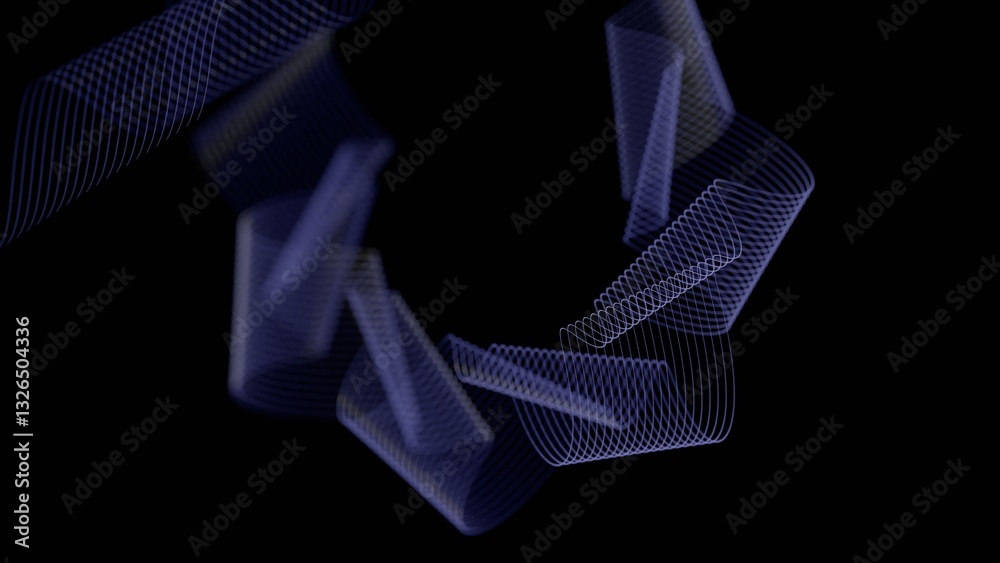 Poster Glowing swirling lines forming a twisting wave pattern on a black background, creating a dynamic abstract design with a minimalistic, futuristic aesthetic........