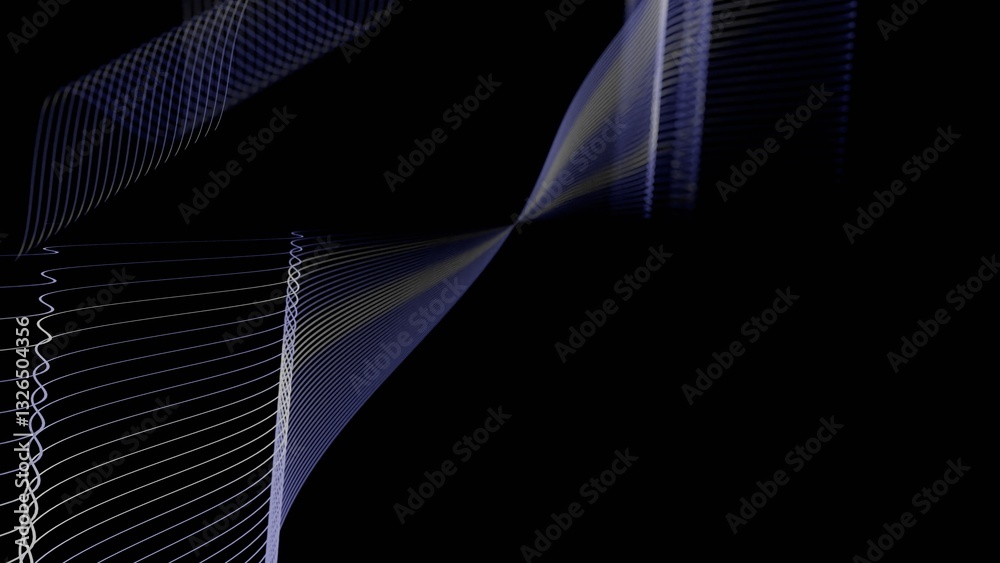 Poster Glowing wave-like lines curve across a black background, forming a fluid, abstract design with a sleek, futuristic feel.......
