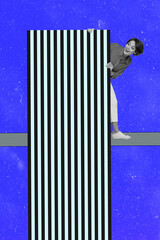 Exclusive image vertical photo collage of happy girl peek zebra doodle imagination sketch hypnosis...